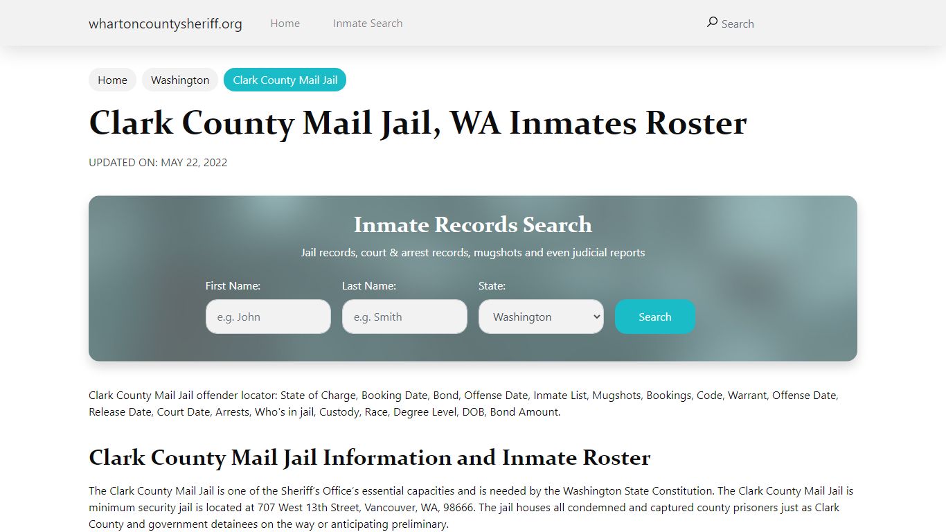 Clark County Mail Jail, WA Jail Roster, Name Search